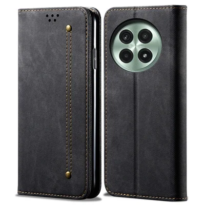 For OnePlus 13 Case Jeans Cloth Texture Anti-Scratch Leather Stand Phone Cover - Black