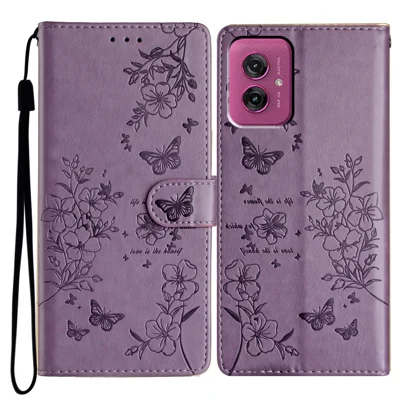 For Motorola Moto G55 5G Wallet Phone Case Butterfly Floral Imprint Leather Flip Cover - Purple