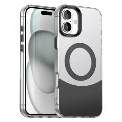 Voor iPhone 16 Hoesje Compatibel met MagSafe Kleurlijke Splitsing IMD TPU+PET+PC Mobiele Cover - Zwart