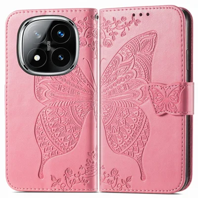 For Xiaomi Redmi Note 14 Pro 5G / Poco X7 5G Case PU Leather Wallet Phone Cover Butterfly Pattern - Pink