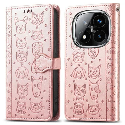 For Xiaomi Redmi Note 14 Pro+ 5G Case Leather Wallet Flip Phone Cover Cute Cat Dog Pattern - Rose Gold