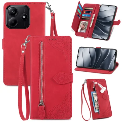 For Xiaomi Redmi Note 14 5G Zipper Wallet Case with Strap Flower Imprint PU Leather Phone Cover - Red