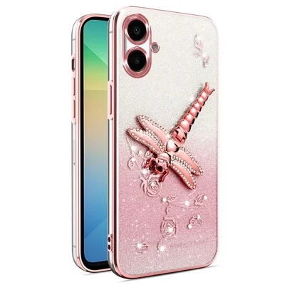 KADEM For Samsung Galaxy A06 4G Case Dragonfly Kickstand TPU Flowers Glitter Phone Cover - Pink