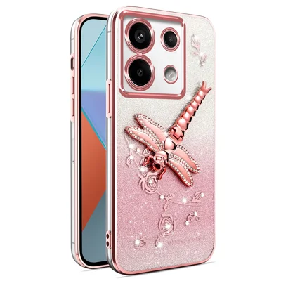 KADEM For Xiaomi Redmi Note 13 Pro 5G Case Dragonfly Kickstand TPU Flowers Glitter Phone Cover - Pink