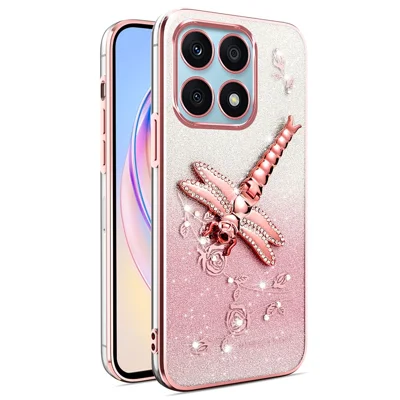 KADEM For Honor X8b 4G Case Dragonfly Kickstand TPU Flowers Glitter Phone Cover - Pink