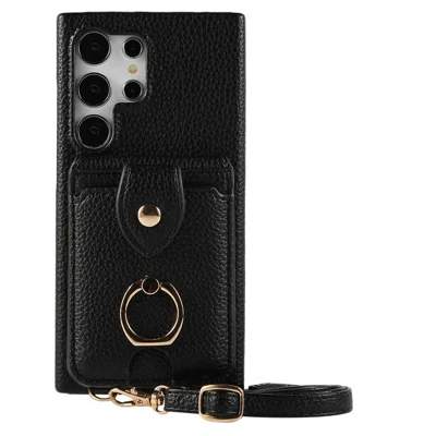 For Samsung Galaxy S24 Ultra Case with Card Holder, Shoulder Strap PC+TPU Ring Kickstand Phone Back Cover - Black