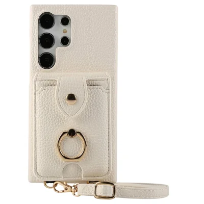 For Samsung Galaxy S24 Ultra Case with Card Holder, Shoulder Strap PC+TPU Ring Kickstand Phone Back Cover - White