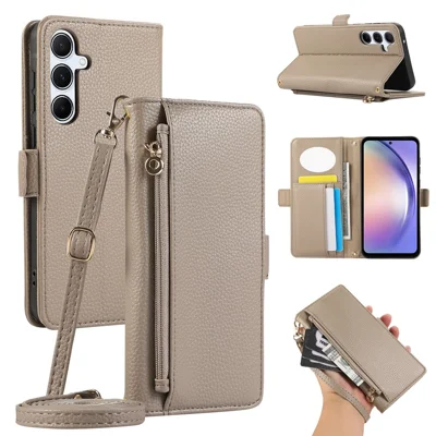 For Samsung Galaxy A54 5G Wallet Phone Case Shockproof TPU+PU Leather Flip Cover with Mirror, Strap - Khaki