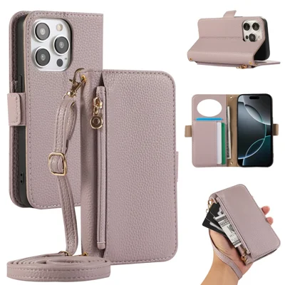 For iPhone 14 Pro Wallet Phone Case Shockproof TPU+PU Leather Flip Cover with Mirror, Strap - Purple