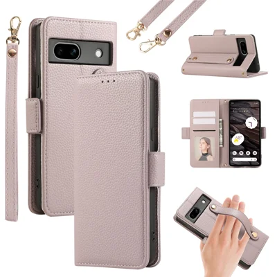 For Google Pixel 7a Leather Case with Card Holder, Straps, Shockproof Wallet Phone Cover - Purple