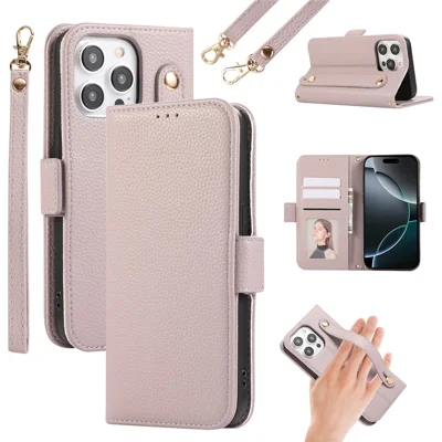 For iPhone 15 Pro Leather Case with Card Holder, Straps, Shockproof Wallet Phone Cover - Purple