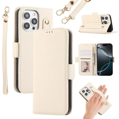 For iPhone 14 Pro Max Leather Case with Card Holder, Straps, Shockproof Wallet Phone Cover - Beige