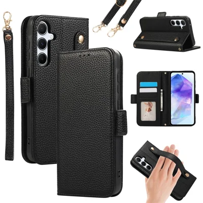 For Samsung Galaxy A55 5G Leather Case with Card Holder, Straps, Shockproof Wallet Phone Cover - Black