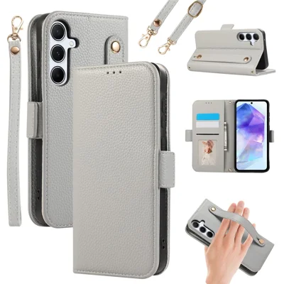 For Samsung Galaxy A15 5G / 4G Leather Case with Card Holder, Straps, Shockproof Wallet Phone Cover - Grey Blue