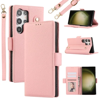 For Samsung Galaxy S23 Ultra Leather Case with Card Holder, Straps, Shockproof Wallet Phone Cover - Pink