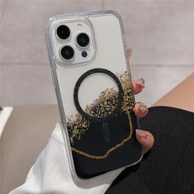 For iPhone 15 Pro Case Compatible with MagSafe Epoxy Marble Texture PC+TPU Phone Cover - Black