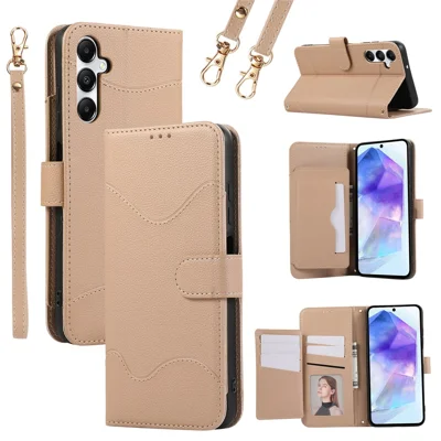 For Samsung Galaxy A35 5G Leather Phone Case with Card Holder, Wallet, Straps Protective Flip Cover - Khaki
