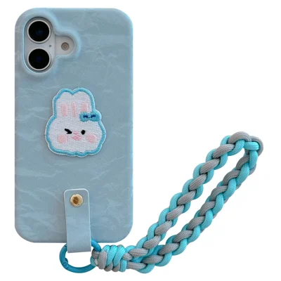 For iPhone 16 Case Cute Pattern Soft PU+PC Phone Back Cover with Braided Handy Strap - Sky Blue Rabbit