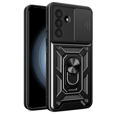 For Samsung Galaxy A36 5G Case with Slide Camera Lid PC+TPU Kickstand Phone Cover - Black
