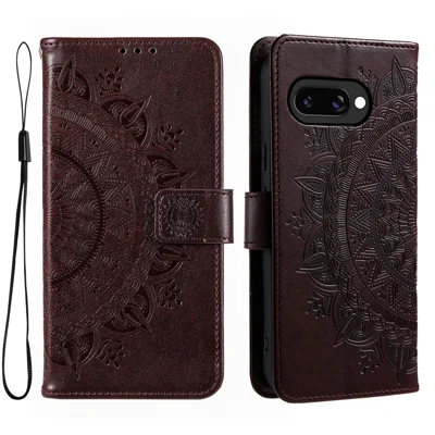 For Google Pixel 9a Case Imprinted Totem PU Leather Wallet Stand Phone Cover - Brown