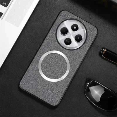 غطاء هاتف لـ Xiaomi Redmi 14C 4G / 14R 5G / Poco C75 4G مقاوم للسقوط من مادة TPU + قماش مع خلفية متوافقة مع MagSafe - رمادي