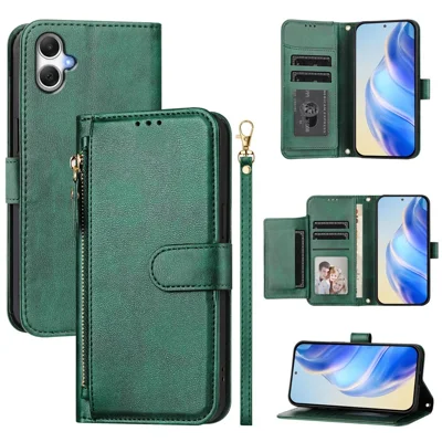 For Samsung Galaxy A06 4G Case Zipper Pocket Multiple Card Slots Leather Phone Cover - Green