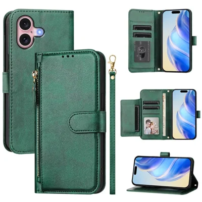 For iPhone 16 Plus Case Zipper Pocket Multiple Card Slots Leather Phone Cover - Green