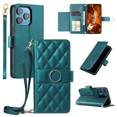 For iPhone 16 Pro Crossbody Leather Case Ring Buckle Wallet Stand Rhombus Mobile Cover - Green