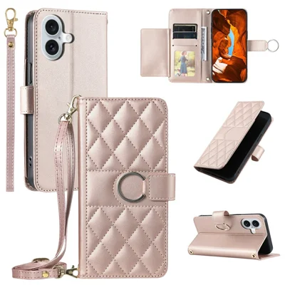 For iPhone 16 Plus Crossbody Leather Case Ring Buckle Wallet Stand Rhombus Mobile Cover - Rose Gold