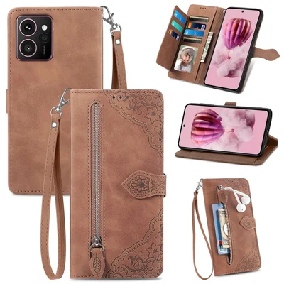 Voor HMD Skyline Zipper Portemonnee Hoesje met Bandje en Bloemenprint in PU Leer - Bruin