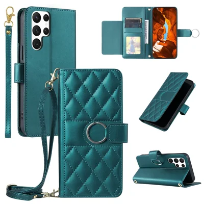 For Samsung Galaxy S24 Ultra Crossbody Leather Case Ring Buckle Wallet Stand Rhombus Mobile Cover - Green