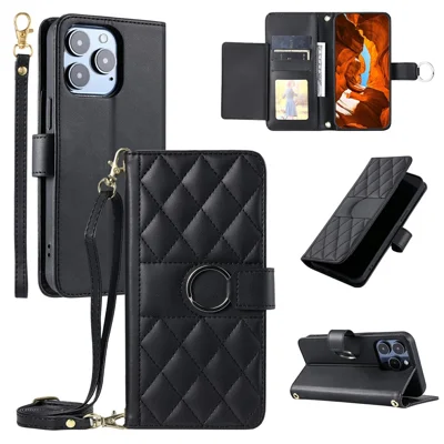 For iPhone 15 Pro Crossbody Leather Case Ring Buckle Wallet Stand Rhombus Mobile Cover - Black