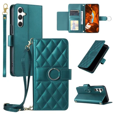 For Samsung Galaxy A14 4G / 5G Crossbody Leather Case Ring Buckle Wallet Stand Rhombus Mobile Cover - Green
