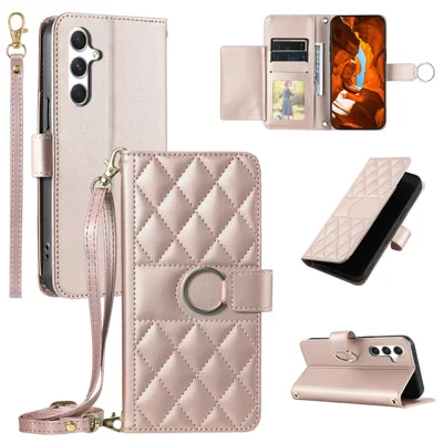For Samsung Galaxy A35 5G Crossbody Leather Case Ring Buckle Wallet Stand Rhombus Mobile Cover - Rose Gold
