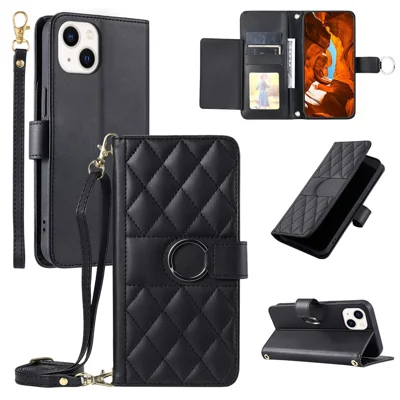 For iPhone 14 / 13 Crossbody Leather Case Ring Buckle Wallet Stand Rhombus Mobile Cover - Black