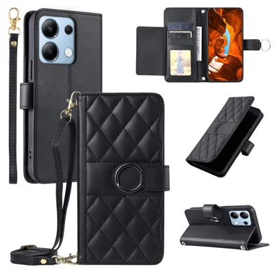 For Xiaomi Redmi Note 13 4G Crossbody Leather Case Ring Buckle Wallet Stand Rhombus Mobile Cover - Black