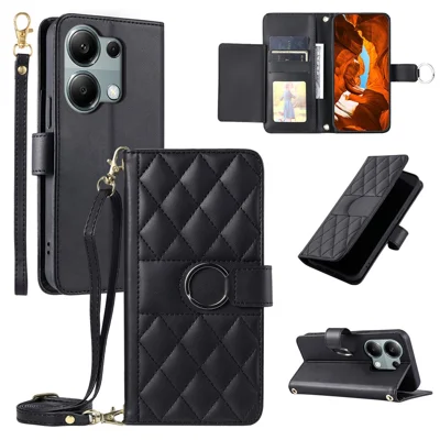 Til Xiaomi Poco M6 Pro 4G / Redmi Note 13 Pro 4G Skråbæret Læderetui Med Wallet Stå Rhombus Mobildekning - Sort