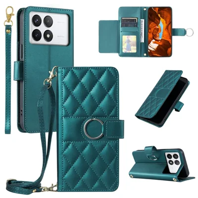 For Xiaomi Poco X6 Pro 5G / Redmi K70E 5G Crossbody Leather Case Wallet Stand Rhombus Mobile Cover - Green