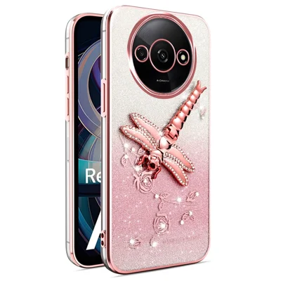 KADEM Case For Xiaomi Redmi A3 4G / A3x 4G / Poco C61 4G Dragonfly Kickstand TPU Flowers Glitter Phone Cover - Pink