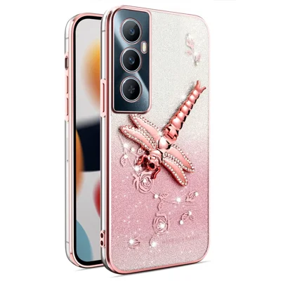 KADEM For Realme C65 4G Case Dragonfly Kickstand TPU Flowers Glitter Phone Cover - Pink
