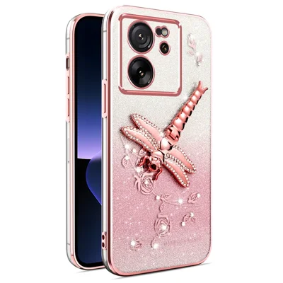 KADEM For Xiaomi 13T / 13T Pro Case Dragonfly Kickstand TPU Flowers Glitter Phone Cover - Pink