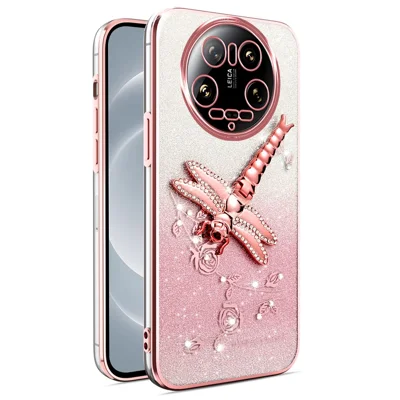 KADEM For Xiaomi 14 Ultra Case Dragonfly Kickstand TPU Flowers Glitter Phone Cover - Pink