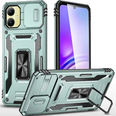 For Samsung Galaxy A06 4G Case Kickstand Slide Lens Lid PC+TPU Drop-Proof Phone Cover - Green