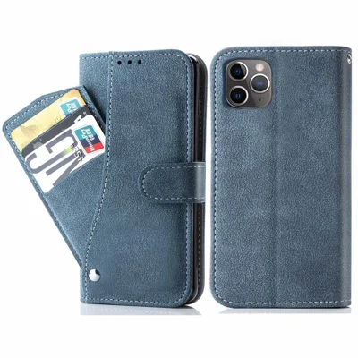 For iPhone 13 Pro 6.1 inch Rotating Card Slots Holder Stand Wallet Phone Shell Wear-resistant Retro Texture PU Leather Phone Case - Blue