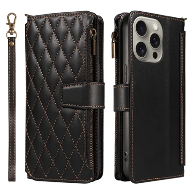 For iPhone 16 Pro Max Leather Case with Card Holder, RFID Blocking Wallet Phone Cover Rhombus Pattern - Black