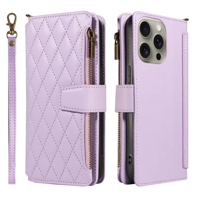 For iPhone 14 Pro Max Leather Case with Card Holder, RFID Blocking Wallet Phone Cover Rhombus Pattern - Purple