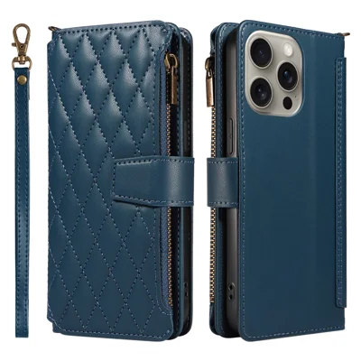 For iPhone 14 Pro Leather Case with Card Holder, RFID Blocking Wallet Phone Cover Rhombus Pattern - Blue
