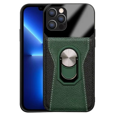 For iPhone 13 Pro 6.1 inch Ring Holder Kickstand Phone Cover Bi-color Litchi Texture PU Leather+Hard PC+TPU Phone Case - Green