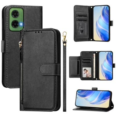 For Motorola Moto G35 5G Case Zipper Pocket Multiple Card Slots Leather Phone Cover - Black
