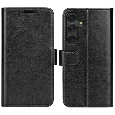 For Samsung Galaxy S25+ Wallet Case Crazy Horse Texture Stand Leather Phone Cover - Black